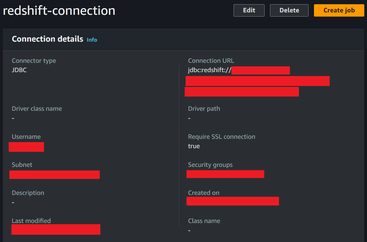 Glue Redshift connection